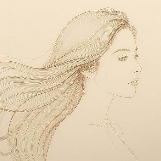 Sepia-toned line drawing of a serene woman with long flowing hair, profile view, minimalist background, delicate lines, soft expression.