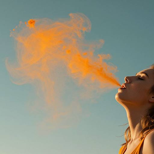 Photograph of a woman with closed eyes, head tilted back, exhaling a bright orange, smoke-like breath against a clear blue sky.