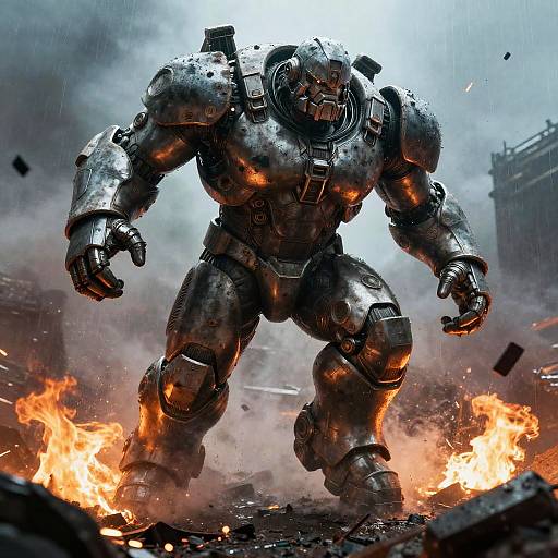 Photorealistic CGI of a massive, metallic, armored warrior standing amidst fiery debris and smoke, with a fierce, determined expression.