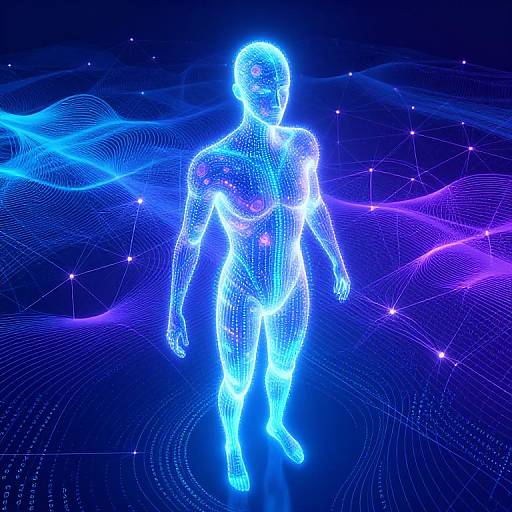 Digital art: Neon blue, glowing wireframe human figure walking, surrounded by vibrant purple and blue wavy lines and star-like dots on a dark background