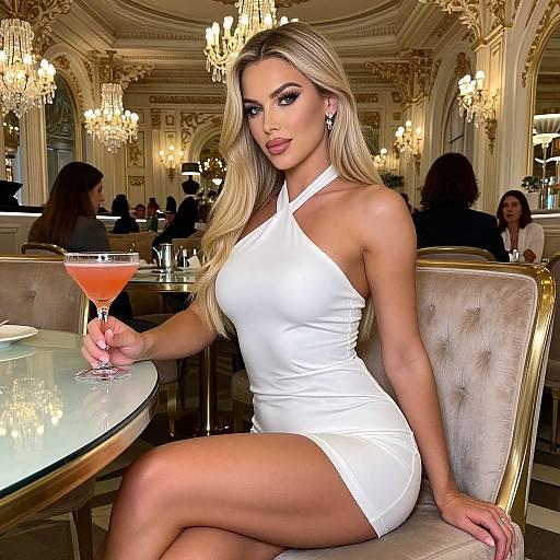 Photograph of a blonde woman with long hair, wearing a tight white halter dress, holding a martini in a luxurious, ornate restaurant with