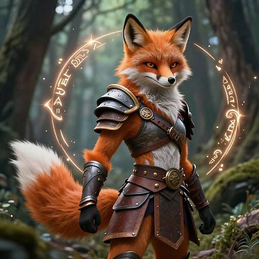 Digital artwork of an anthropomorphic fox warrior in medieval armor, glowing runes behind, standing in a dense, mystical forest.