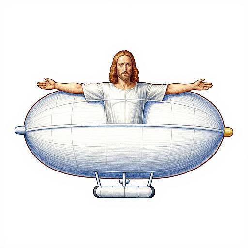 Digital illustration of a bearded Jesus with long brown hair, wearing a white tunic, floating inside a large, blue, balloon-like airship.