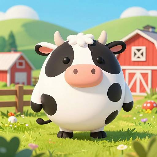 Cartoon-style black-and-white cow with pink nose, standing in a sunny, colorful meadow with red barns and green hills in the background.