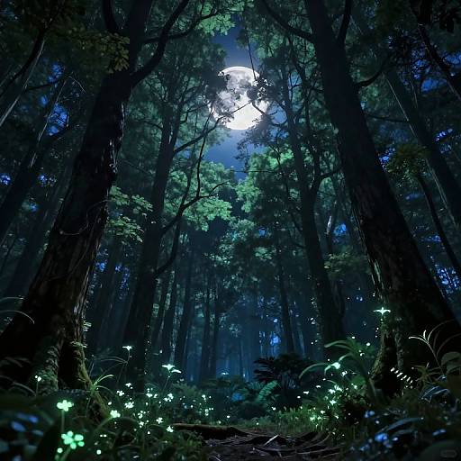 Digital illustration of a mystical forest at night, illuminated by glowing fireflies under a bright, full moon, surrounded by tall, dark trees.