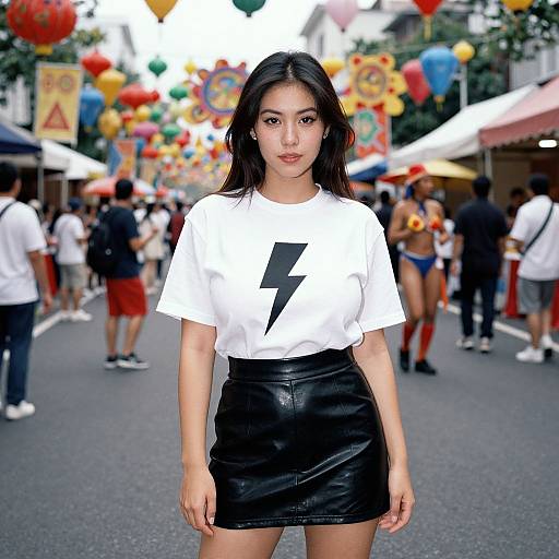 Photograph of an Asian woman with long black hair, wearing a white T-shirt with a black lightning bolt, and a black leather skirt, standing in