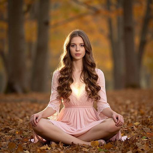 Photograph of a young woman with long brown hair, wearing a pink lace dress, sitting cross-legged in a forest of autumn leaves, with warm sunlight