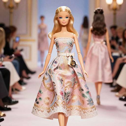Photograph of a blonde fashion doll in a pastel floral lace dress, walking a runway with blurred audience and another doll in the background.