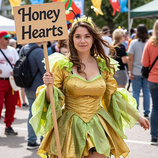 Photograph of a smiling woman with long brown hair, wearing a yellow and green fairy costume, holding a 
