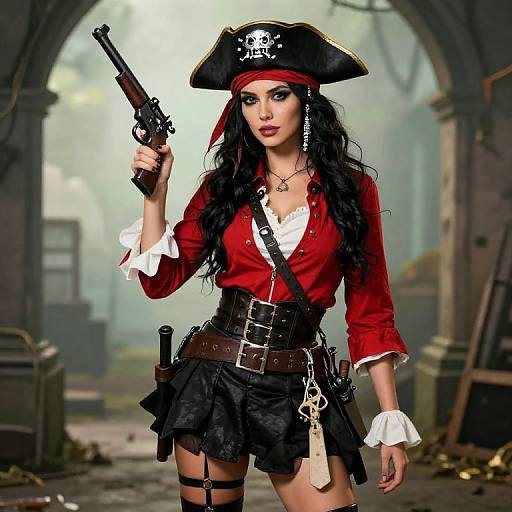 Digital art of a sexy pirate woman with long black hair, red shirt, black skirt, and tri-corner hat, holding a gun, in a mist