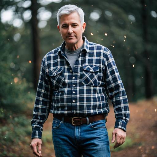 Mature Man in Plaid Shirt in Forest