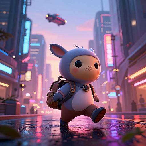 CGI image of a cute, chubby, blue and white rabbit-like character with a backpack, walking in a neon-lit, futuristic city at dusk