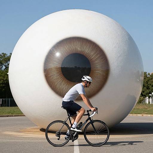 Photograph of a cyclist in white shirt and helmet, riding a black bike in front of a giant, white, circular metal sculpture with a large,
