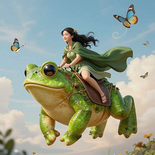 Digital art: Asian woman with black hair, green dress, and cape rides a giant green frog while surrounded by colorful butterflies against a bright blue sky.