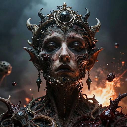 Digital artwork of a dark, demonic humanoid with ornate, horned crown, elongated ears, and smoky background, set ablaze with fiery