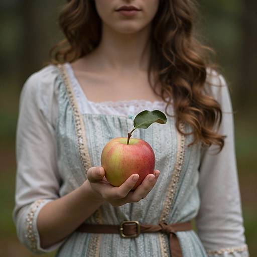 Photograph of a woman with long brown hair, wearing a white and blue medieval-style dress, holding a red and yellow apple with a green leaf in