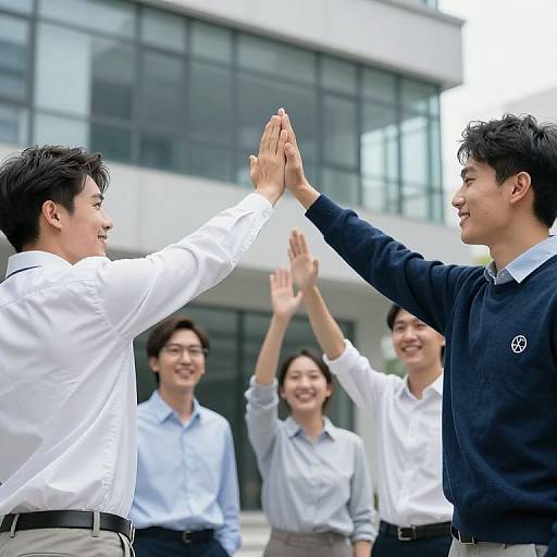 Photograph of four Asian men in white and navy shirts, high-fiving outside modern office building, smiling, with glass windows in background.
