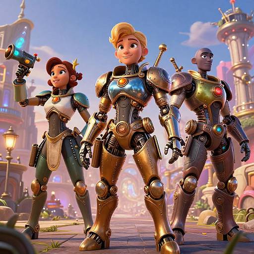 CGI image of three animated, stylized, robotic heroes with colorful armor in a vibrant, fairy-tale city, holding futuristic weapons.