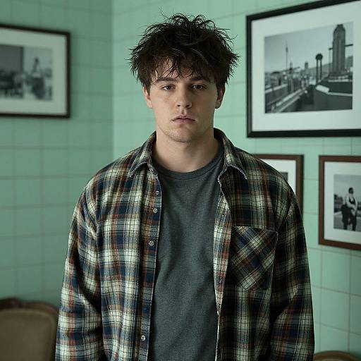 Photograph of a young man with messy black hair, wearing a plaid shirt over a gray t-shirt, standing in a mint-green tiled room with