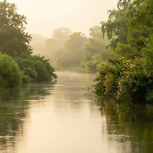 Photograph of a serene, misty river at sunrise, reflecting golden light, surrounded by lush green trees and blooming bushes with red and white flowers