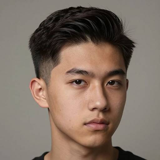 Photograph of an Asian male with short, dark, neatly styled hair, light skin, and brown eyes, wearing a black shirt, against a plain