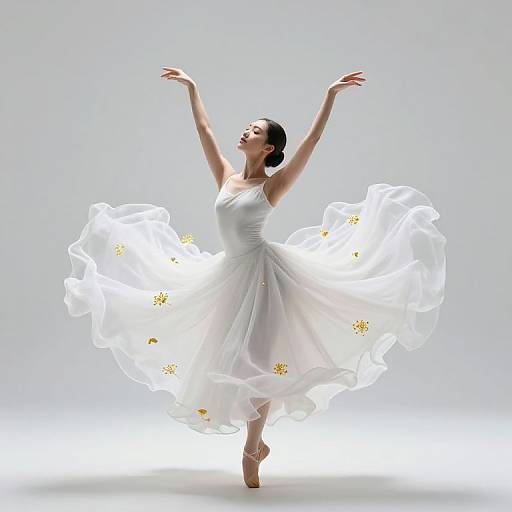Photograph of a graceful ballerina in a flowing white dress with yellow floral accents, arms raised, standing en pointe against a minimalist white background