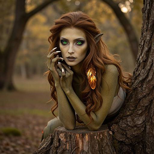 Photorealistic fantasy image of a green-skinned, red-haired elf with glowing green eyes and pointed ears, resting on a tree stump in a blurred