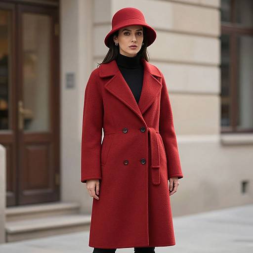 Photograph of a young woman with fair skin and dark hair, wearing a red coat and matching hat, standing outside a beige building. She looks directly