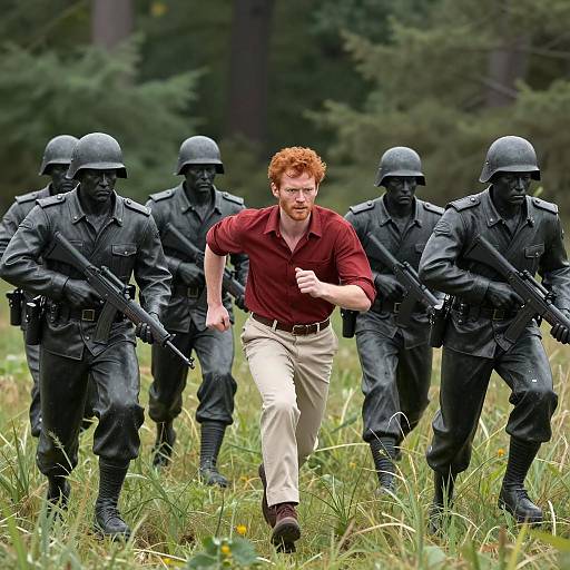 Man Running From Statue Soldiers in Forest