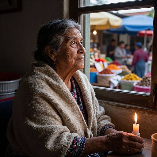 Photograph of an elderly woman with gray hair, wearing a beige wool coat, gazing out a window at a vibrant market, candlelit, reflecting