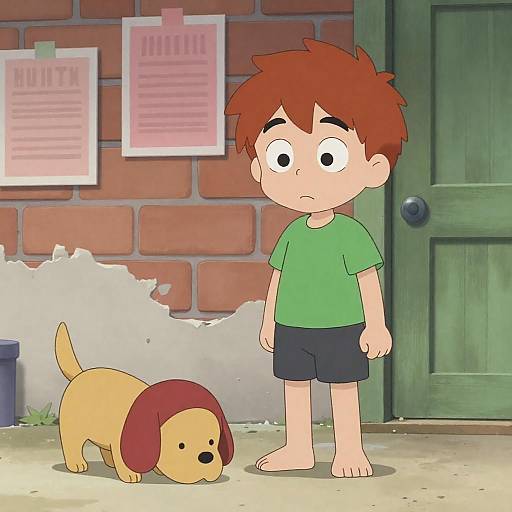 Playful Boy and Dog Against Brick Wall