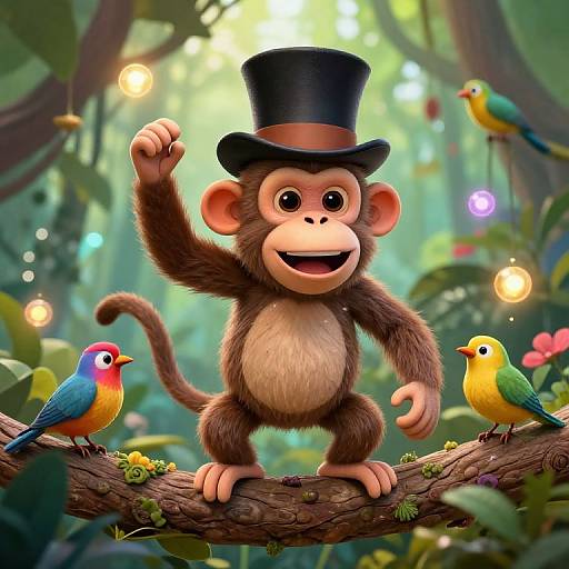 Cute CGI monkey in black top hat, flexing on tree branch, surrounded by colorful birds in lush, glowing forest.