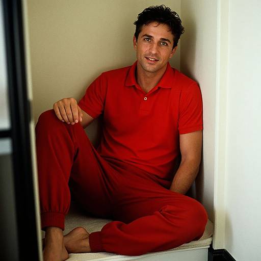 Photograph of a smiling, dark-haired man in a red polo and pants, sitting barefoot in a corner, illuminated by natural light.