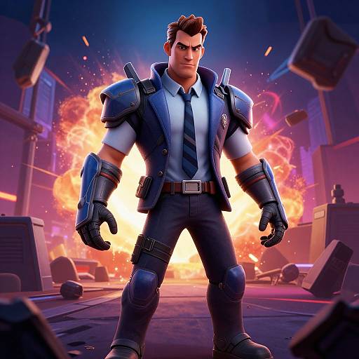 CGI image of a muscular, brown-haired man in a blue vest, white shirt, and black pants, standing confidently in front of a bright explosion