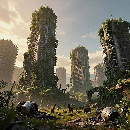 Photorealistic CGI of a post-apocalyptic cityscape with overgrown skyscrapers, lush greenery, scattered ruins, and wild animals under a