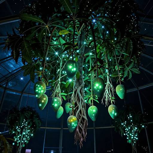 Photograph of glowing green teardrop lights hanging among dark green foliage, illuminated against a dark, starry background inside a glass conservatory.