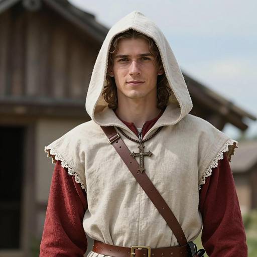 Young Man in Medieval Costume with Hooded Cloak