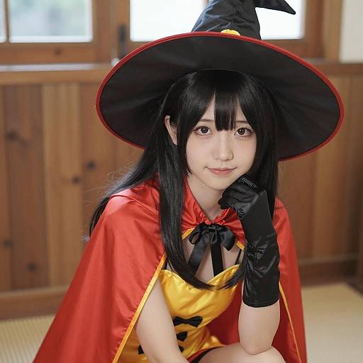 Asian Woman in Red and Yellow Witch Costume