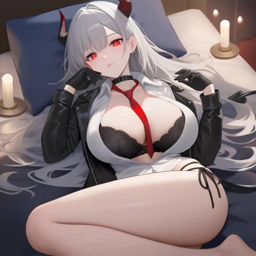Seductive Demon Girl Lying on Bed
