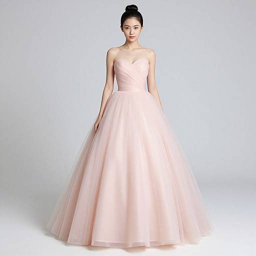 Photograph of an elegant Asian woman with fair skin and black hair in an updo, wearing a strapless, pale pink, full-length ball gown
