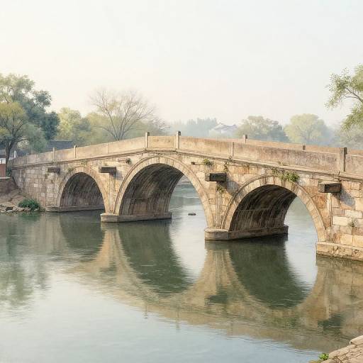 Photograph of a historic stone arch bridge with three arches, reflecting in a calm river, surrounded by green trees and a bright sky.
