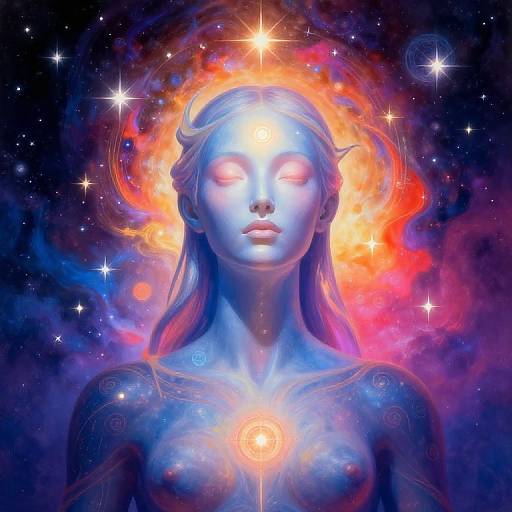 Digital artwork of a blue-skinned, topless celestial woman with glowing eyes, surrounded by a vibrant fiery halo, stars, and cosmic clouds.