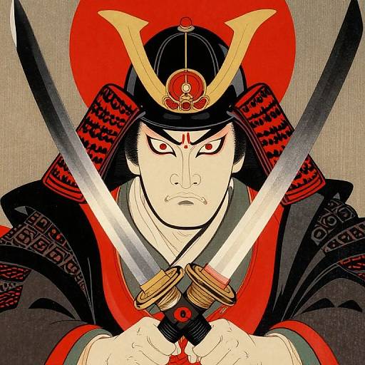 Digital illustration of a fierce samurai with red eyes, black armor, and two crossed swords, against a red sun background.