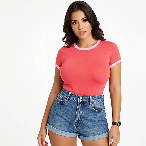 Photograph of a curvy woman with long black hair, wearing a pink t-shirt with white trim, and high-waisted blue denim shorts,