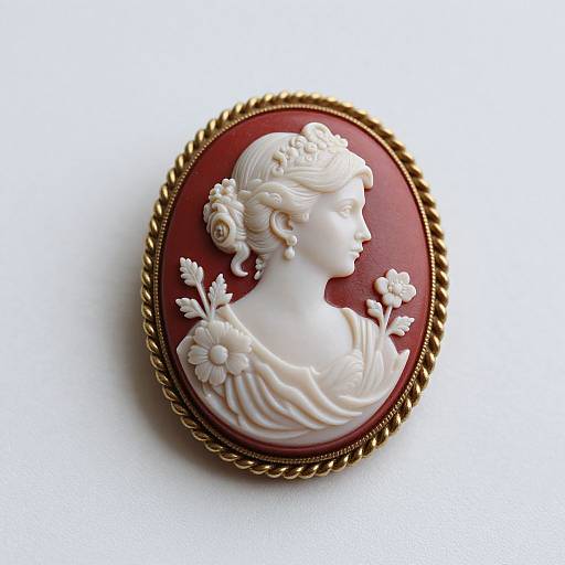 Photograph of an intricately carved white porcelain brooch featuring a profile of a elegant woman with floral hair adornments, set in a red oval with
