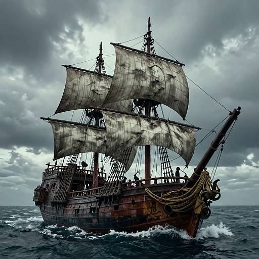 Photorealistic CGI of a weathered, three-masted pirate ship with billowing, tattered sails cutting through stormy, dark ocean waters.