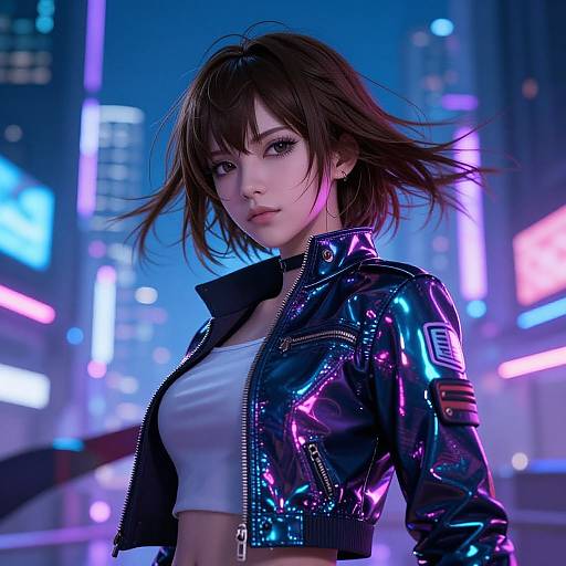 Digital illustration of a young Asian woman with short brown hair, wearing a shiny, purple-black leather jacket over a white crop top, standing in a neon