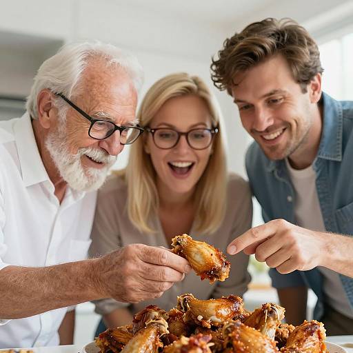 Curious Trio Inspecting a Chicken Wing