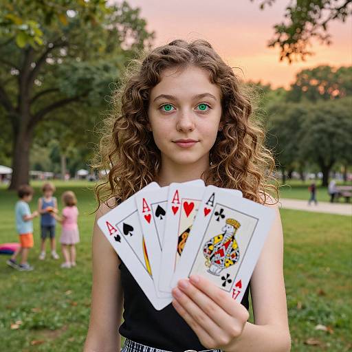 Photograph of a curly-haired, green-eyed teenage girl in a black sleeveless top, holding a fan of Ace cards in a park at sunset,