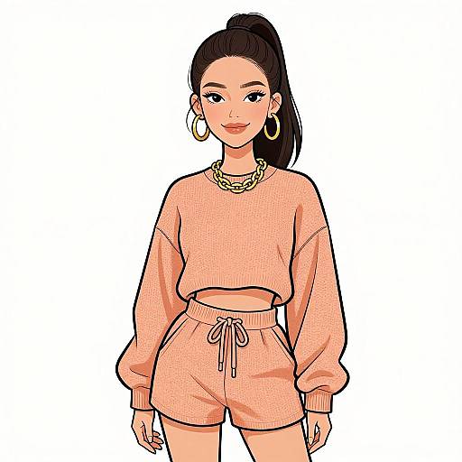Digital illustration of a confident woman with dark hair in a high ponytail, wearing a peach sweater, matching shorts, hoop earrings, and a gold chain